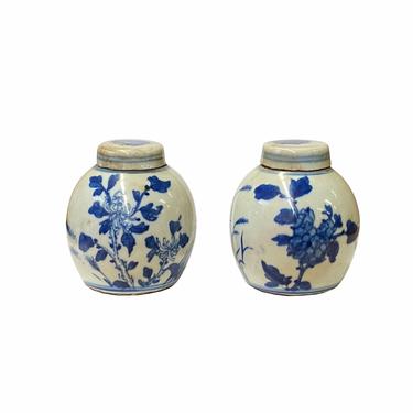 Pair Blue White Mini Oriental Flowers Graphic Porcelain Ginger Jars ws1874E 
