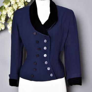 40's Blue Jacket, Navy Dark Blue Gaberdine Wool & Black Silk Velvet Trim WWII 1940s Swing Era, Art Deco, Vintage Large Size Suit Blazer 