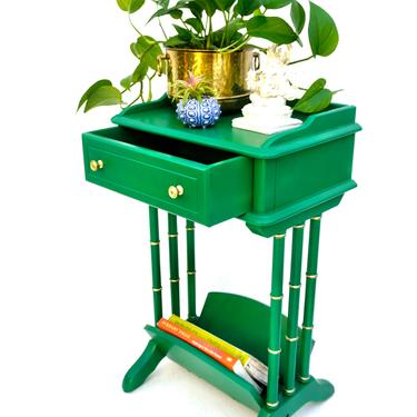 Vintage Faux Bamboo Side Table + Magazine Rack + Drawer | Entry Table || Green &amp; Gold Modern Hollywood Regency End Table 