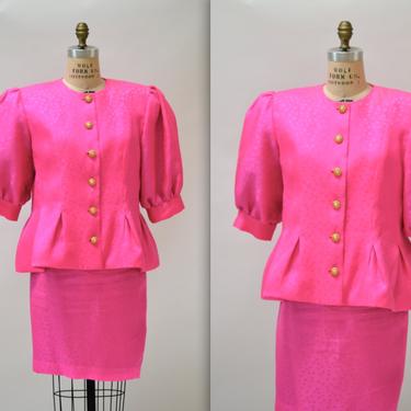 Vintage 80s Suit Jacket Skirt Pink Fuchsia Size Large XL Skirt suit set By Richilene Bright Silk// Vintage 80s Power Suit Large XL 