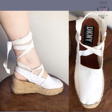 DKNY Vintage Platform Espadrilles High Heel Shoes White Rope Cotton, Size 6, 7 USA, Womens Heels Ankle Ties Wrap, Summer Shoe 6.5, 1980's 