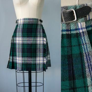 1970s Wool Mini Skirt Plaid Pleated Wrap S 