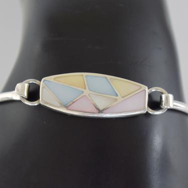 70's sterling white pink blue yellow MOP boho clasp bangle, beachy 925 silver Mother of Pearl inlay bracelet 