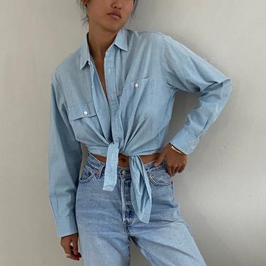 90s Ralph Lauren chambray pocket shirt / vintage faded light blue cotton chambray denim oversized work shirt pocket shirt | L 
