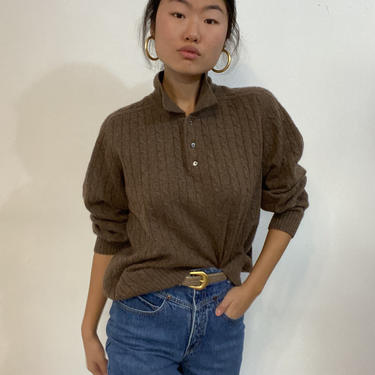 90s cashmere collared sweater / vintage cocoa brown collared polo cable knit oversized boyfriend cashmere sweater | L 