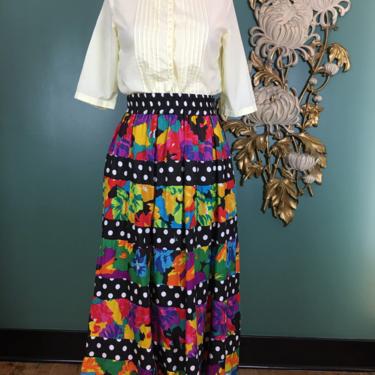1980s maxi skirt, vintage 80s skirt, rainbow, polka dot skirt, size large, deadstock vintage, full tiered skirt, 100% rayon, sassy doll, 32 