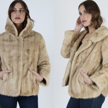 Womens Blonde Mink Coat / Vintage 70s Beige Fur Jacket / Genuine Plush Ivory Fur Back Collar / Red Carpet Wide Lapel Opera Jacket 