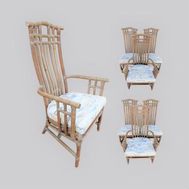 Rattan Bamboo Pagoda High Back Dining Chairs McGuire Style Set of Six 