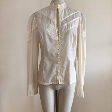 Long-Sleeved Cream Gunne Sax Blouse with Lace Insets and Pearl-Trim - 1970s 