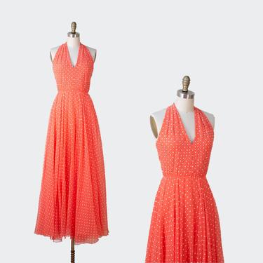 1970s Coral Polka Dot Chiffon Gown / 70s Rhinestone Studded Halter Dress by Shannon Rodgers for Jerry Silverman 