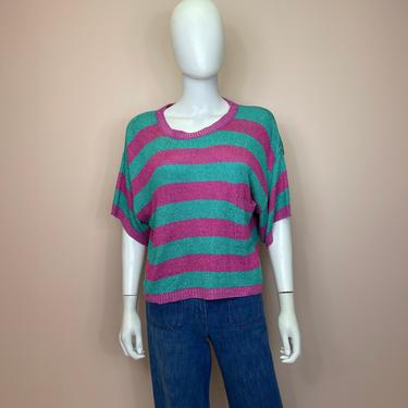 Vtg 80s pink aqua striped silk rayon loose fit ML 