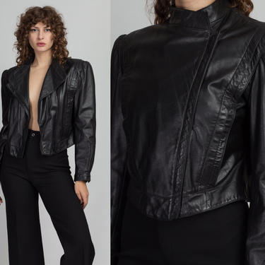 80s New Wave Cropped Leather Jacket - Medium | Vintage Wilsons Black Zip Up Biker Coat 