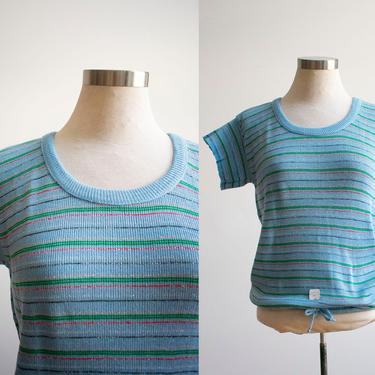 Vintage 1960s Knit Sweater / Vintage Knit Tshirt / Blue Striped Blouse / Vintage 1960s Sparkle Sweater / Disco Sweater / 1970s Sweater 