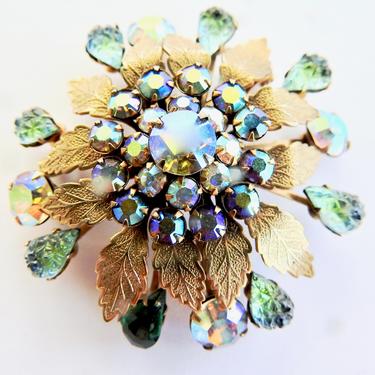Aurora and Green Art Glass Brooch with Gold Tone Leaves 