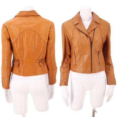 70s caramel leather Deco moto jacket S / vintage 1970s brown seamed moto biker cafe racer jacket coat S-M 