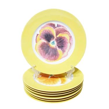 J Seignolles Yellow Rimmed Pansy Dinner Plates - Set of 7 - Chamart Limoges China 