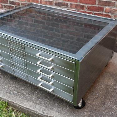 Brushed Steel Flat File Coffee Table w Glass Top
