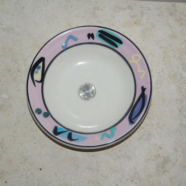 Debra Klausner Postmodern Art Pottery 6 5/8&amp;quot; Pink Geometric Textured Frame Small Salad / Dessert Bowl ~ Klausner Colorful Porcelain Bowl 