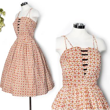 Large - 50's Vintage Dress, 1950's Fit &amp; Flare Cotton Sun Dress, Summer Dress, Plus Size Rockabilly Mid Century style print Dress Full Skirt 