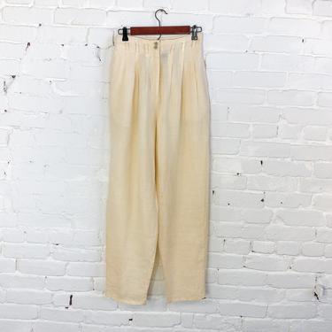 1990s Creme 100% Linen Slacks | 90s Creme Wide Leg Pants | Shelli Segal | Small 