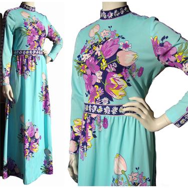 Vintage 70s Maxi Dress Turquoise Floral Pop Art Print M 