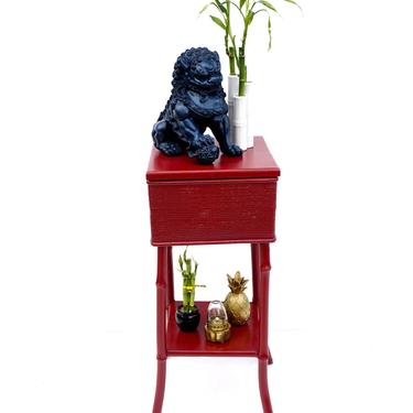 Antique Bamboo Pedestal Storage Box Table | Cinnabar Red Chinoiserie Plant Stand | Two-Tier Late Victorian Display Pedestal Catchall Stand 