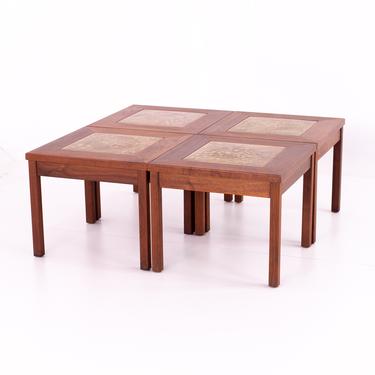 John Keal for Brown Saltman Walnut and Copper Tile 4 Piece Mid Century Coffee Side End Table - mcm 