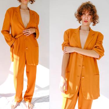 Vintage 90s Giorgio Armani Ginger Orange Drop Shoulder Gabardine Suit | Made in Italy | Relaxed Boyfriend Fit | 1990s Armani Designer Suit 