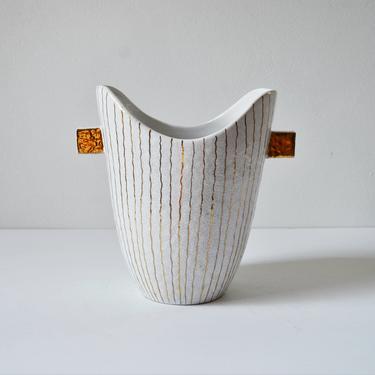 White Italian Modern Pottery Vase with Gold Striping - Bitossi, Raymor 