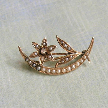 Antique 10K Gold Edwardian Brooch Pin With Diamond and Seed Pearls, Antique Honeymoon Pin, 10K Gold Brooch, Edwardian Seed Pearl Pin (#3774) 