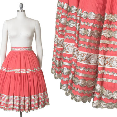 Vintage 1950s Circle Skirt | 50s Fiesta Skirt Pink Silver Ric Rac Southwestern Square Dance Swing Skirt (medium) 