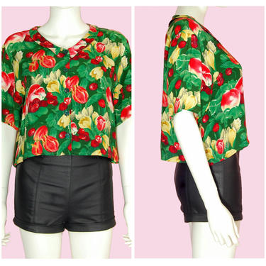 80s Tropical Cherry Print Top / Vintage 1990s Floral Crop Top Blouse / Small by VintageAlleyShop