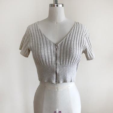 Beige Rib-Knit Zip-Up Crop Top/Sweater - 1990s 