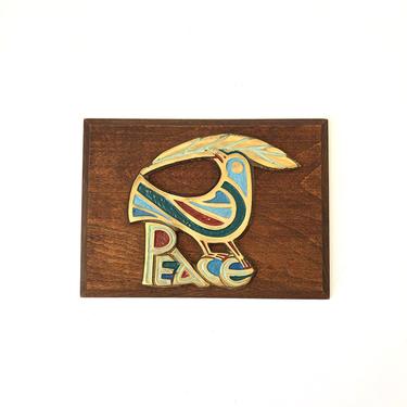 Vintage Wood and Brass Peace Bird Wall Plaque 
