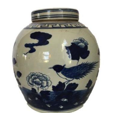 Blue & White Ginger Jar Featuring Bird