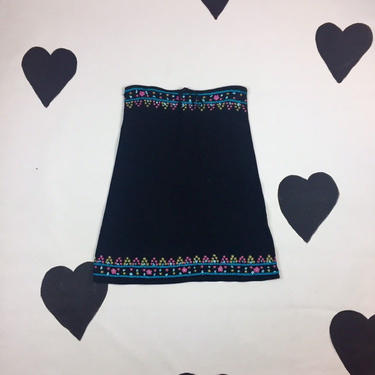Betsey Johnson black label beaded turquoise cotton drawstring skirt 00's boho hippie embroidered cute tiny flowers stars A-line tube skirt M 