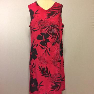 Vintage 80s Hot Pink Flora Polynesian Print Dress 