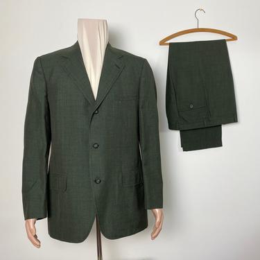 Vintage 1960s Men's Suit 42 Long 60s Green Check 3 Button 