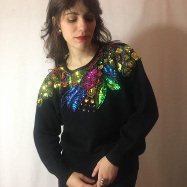 Vintage 80s/90s Sequin Sweater | Rainbow Floral Statement Knit Pullover, Formal Dressy Sweater, Glam Holiday Top M/L | Victoria Harbour 