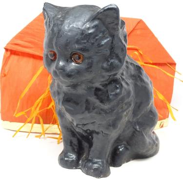 Vintage 1940's Halloween Black Cat, Glass Eyes and Pulp Paper Mache Candy Container, Antique Doorstop 