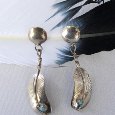 FEATHERWEIGHT Vintage Silver &amp; Turquoise Bead Feather Dangle Drop Earrings | Most Likely Navajo Native American | Southwestern Boho Jewelry 