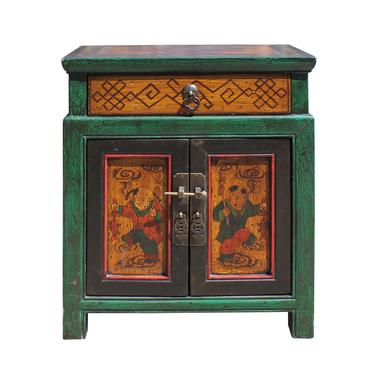Oriental Distressed Green Yellow Kids Graphic End Table Nightstand cs5772S