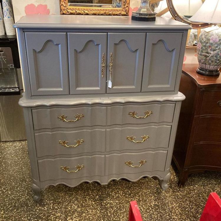 Gray painted French provincial chest. Doors open to shelf space with dividers. 42” x 20” x 50”