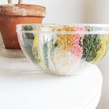 Vintage 80s Clear Salad Bowl with Dried Flowers - 1980s Pastel Dried Wheat Leaf Bowl - Large 80s Kitchen Bowl - Boho Kitchen - Housewarming 