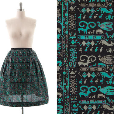 Vintage 1950s Skirt | 50s Novelty Print Cave Painting Animals Cotton Black Teal Pleated Full Swing Skirt (large) 
