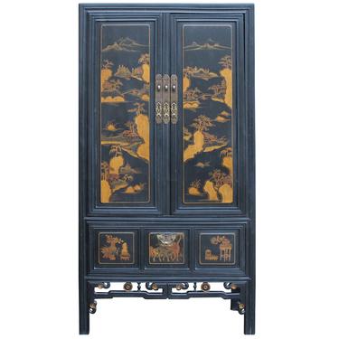 Chinese Black Fujian Golden Mountain Water Graphic Tall Armoire Cabinet cs4891S