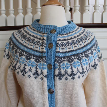 Vintage Light Blue &amp; White Fair Isle Norwegian Pure New Wool Cardigan Women's Size XS S 