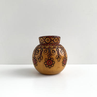 Vintage Polish Wooden Lidded Jar, Pyrography Carved Wood Container with Lid, Floral Folk Art, Made in Poland 