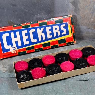 Vintage Halsam Checkers - Vintage Wooden Checkers - Made in USA - Original Box - 24 Red & Black Checkers | FREE SHIPPING 