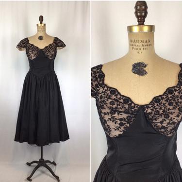 Vintage 50s dress | Vintage black lace short sleeve fit and flare dress | 1950s  Beau Time Formal dress 